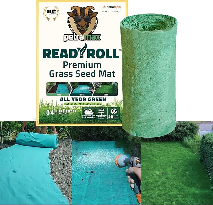 PetraMax ReadyRoll Biodegradable Grass Seed Mats for Lawns - Roll Out Mat with Tall Fescue &