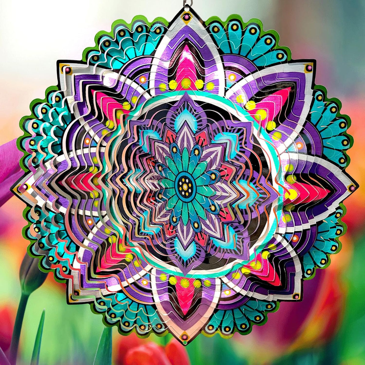 Goolyrusim Wind Spinner Mandala Jasmine, 12Inch Laser Cut Stainless Steel Wind Spinners, 3D Hanging