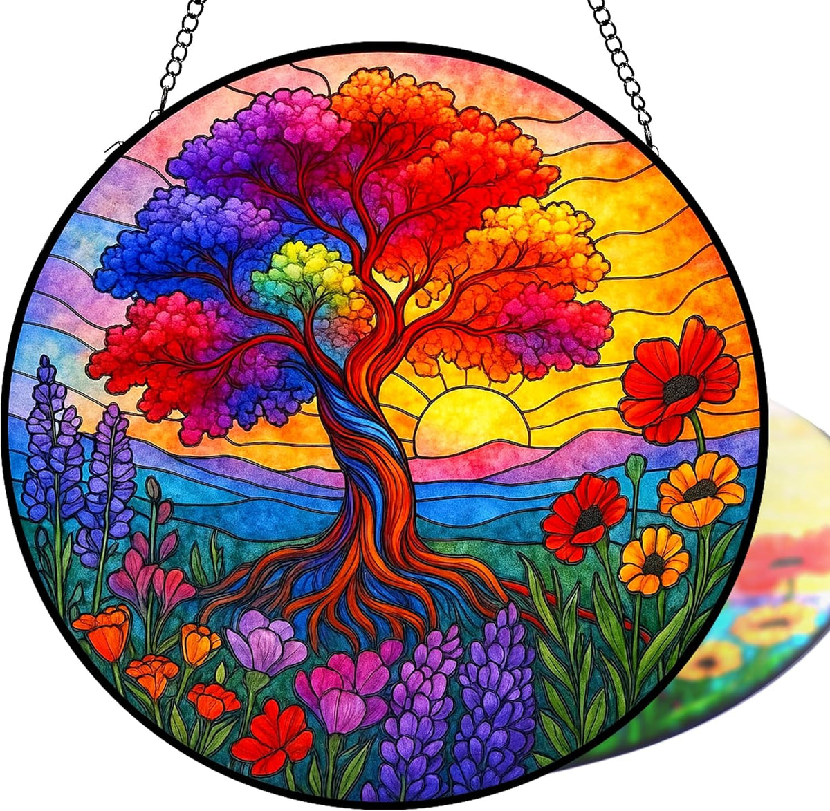 Stained Glass Window Hanging, Tree of Life Sun Catchers Stained Glass Panels for Indoor Windows