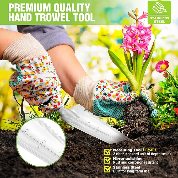 WORKPRO Garden Trowel with Wood Handle, Stainless Steel Narrow Hand Shovel, Multi- Use Flat Garden