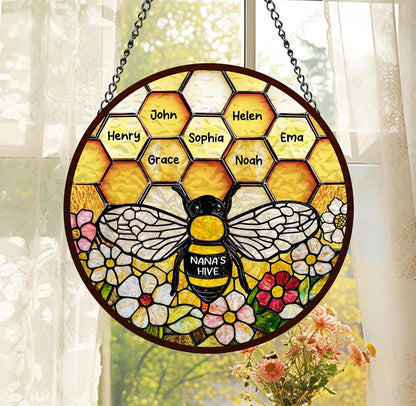 LOVELYPOD Custom Grandma’s Bee Stained Glass Sun Catcher, Personalized Window Hanging Sun Catcher