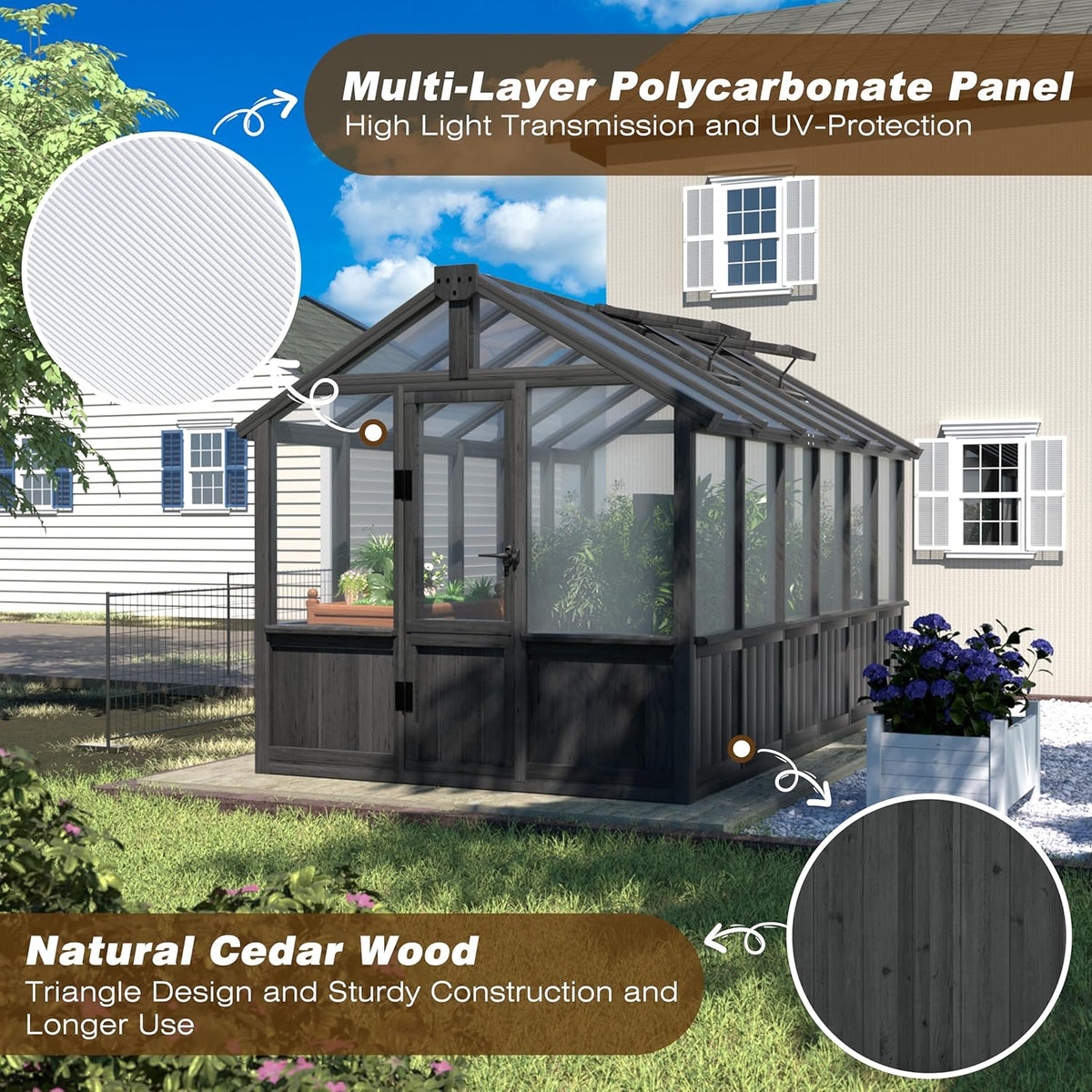 MUPATER 6' x 12' Walk-in Wooden Polycarbonate Greenhouse with Ventilated Window & Lockable Door
