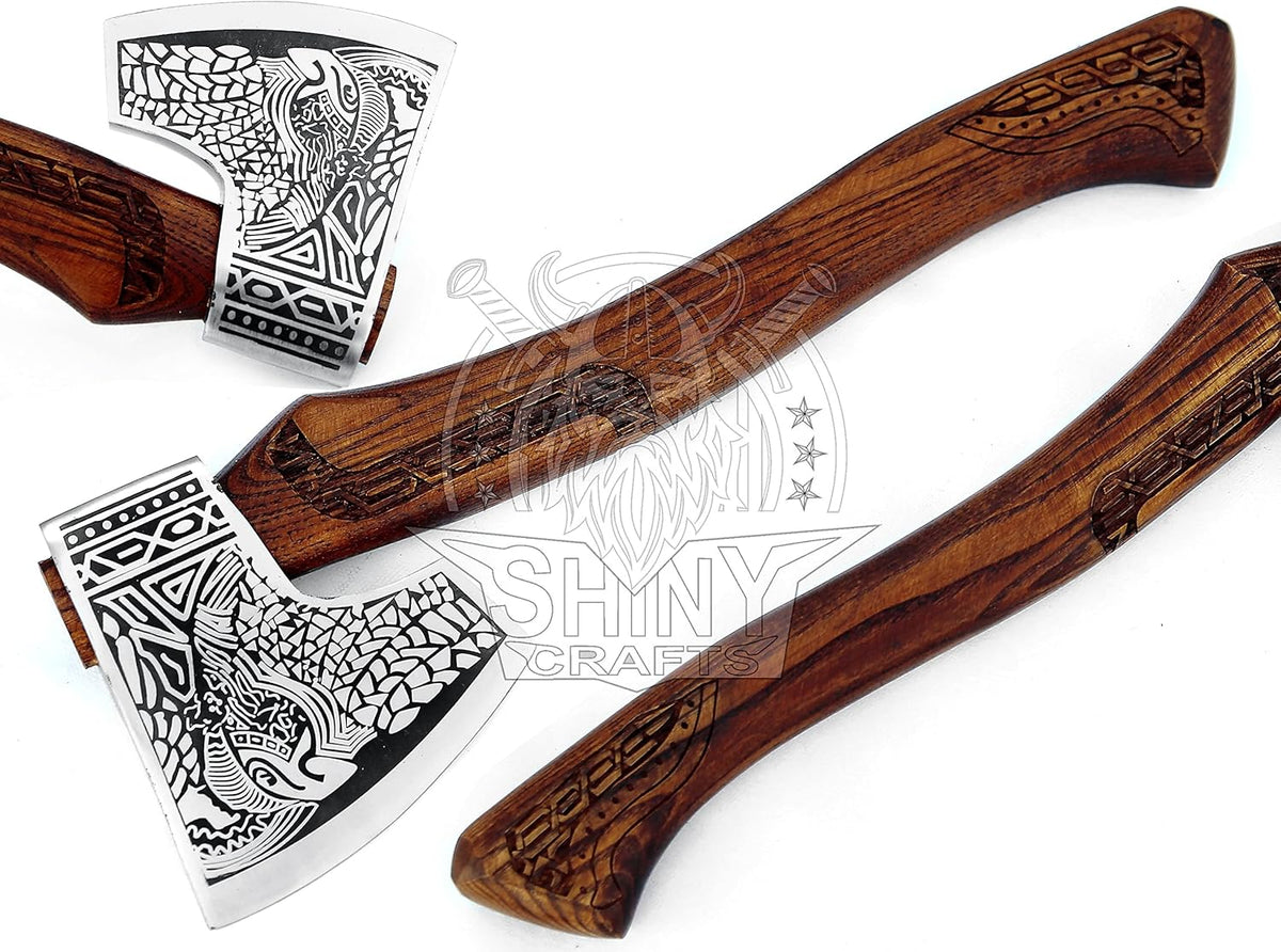 SHINY CRAFTS® Handcrafted Viking Axe – Nordic Engraved Blade with Wooden Handle Unique Gift for