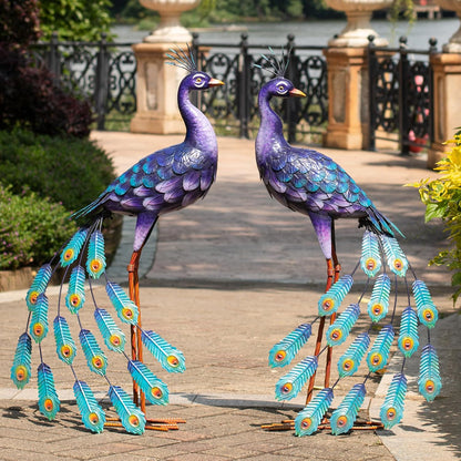Kircust Purple Peacock Garden Statue and Sculpture, Metal Peacocks Yard Art Lawn Decor, Large Birds
