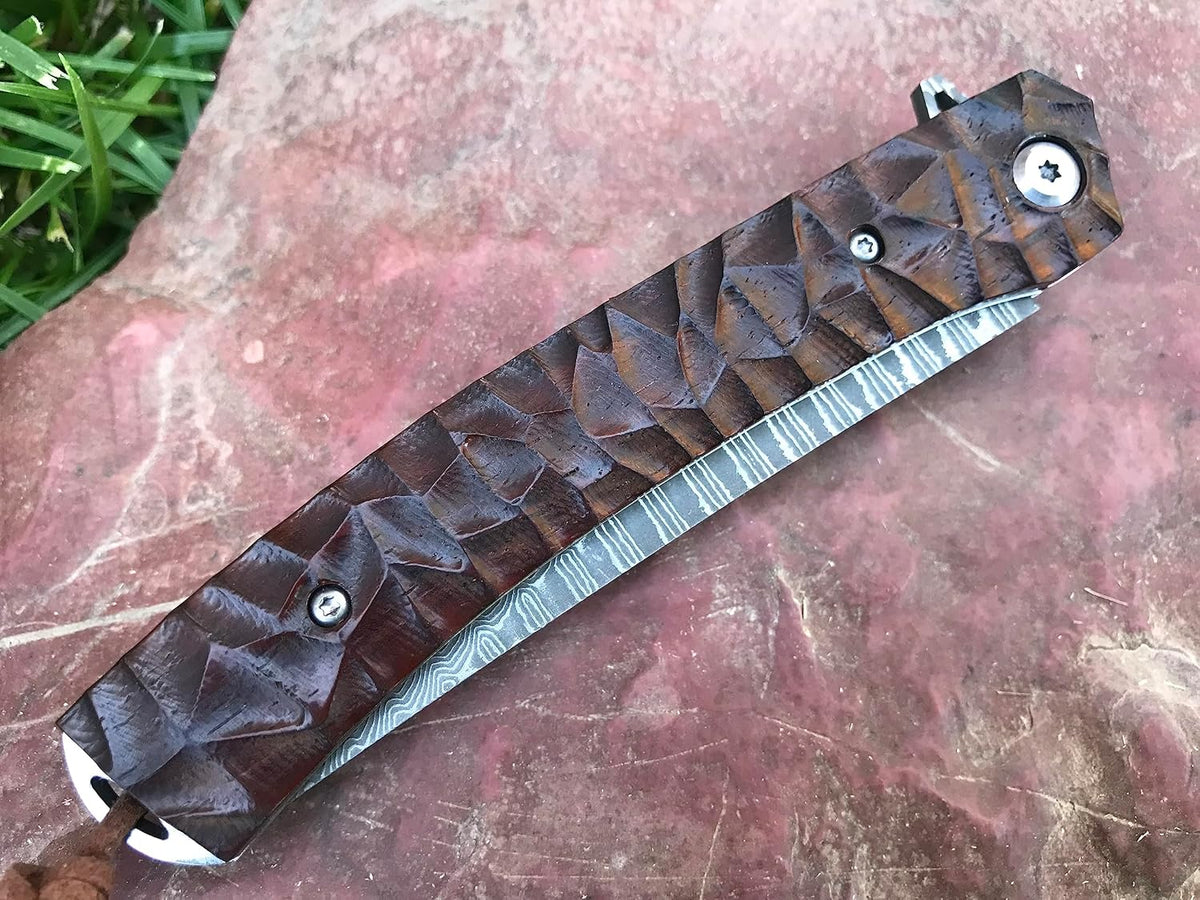 TACTICAL GEARZ Damascus Pocket Knife - EDC Folding Knife with Rosewood Handle - 67 Layer Damascus