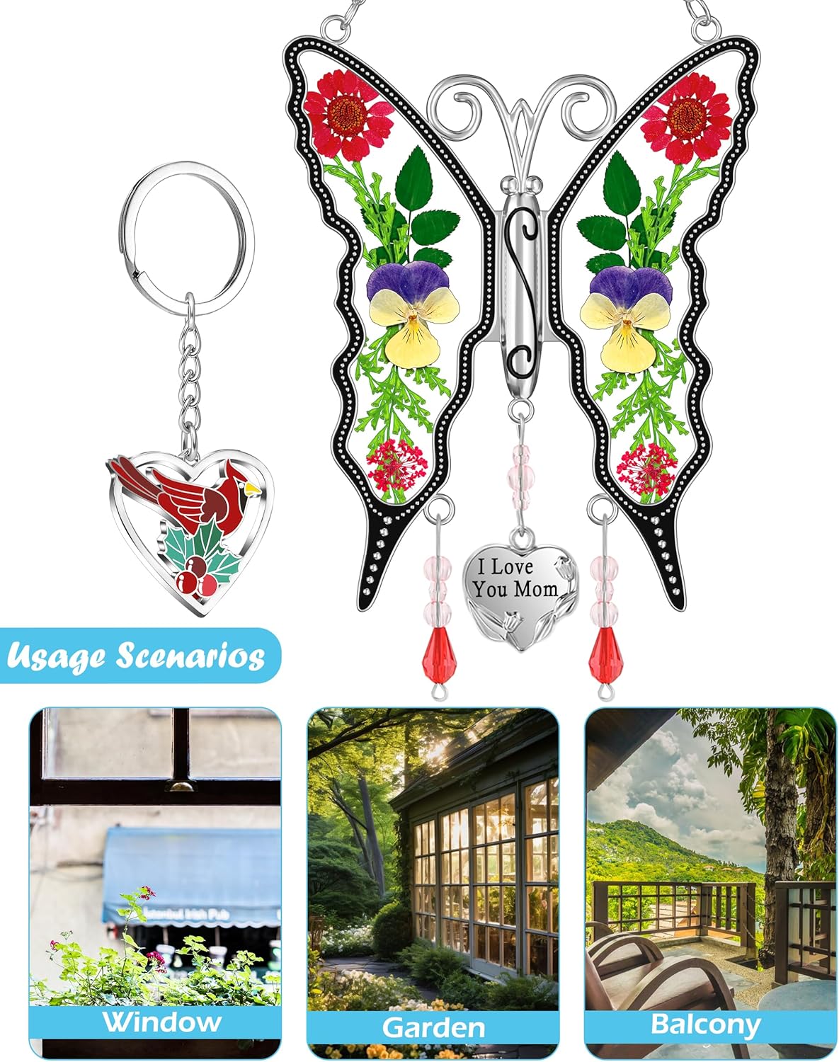 KY&BOSAM Butterfly Suncatcher I Love You Mom Gifts for Mom Pressed Flower Between Wings Glass for