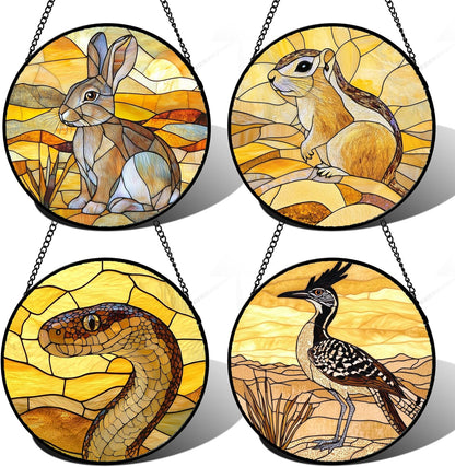 Stained Glass Window Hanging 4 Pcs Set Animals 9.8" - Desert Landscape Yellow Suncatcher Door
