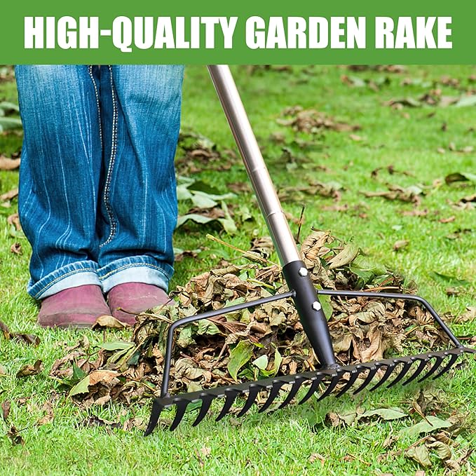 Garden Rake, Metal Sturdy and Heavy Duty Metal Rake, 16-Tine Bow Rake with Adjustable Stainless