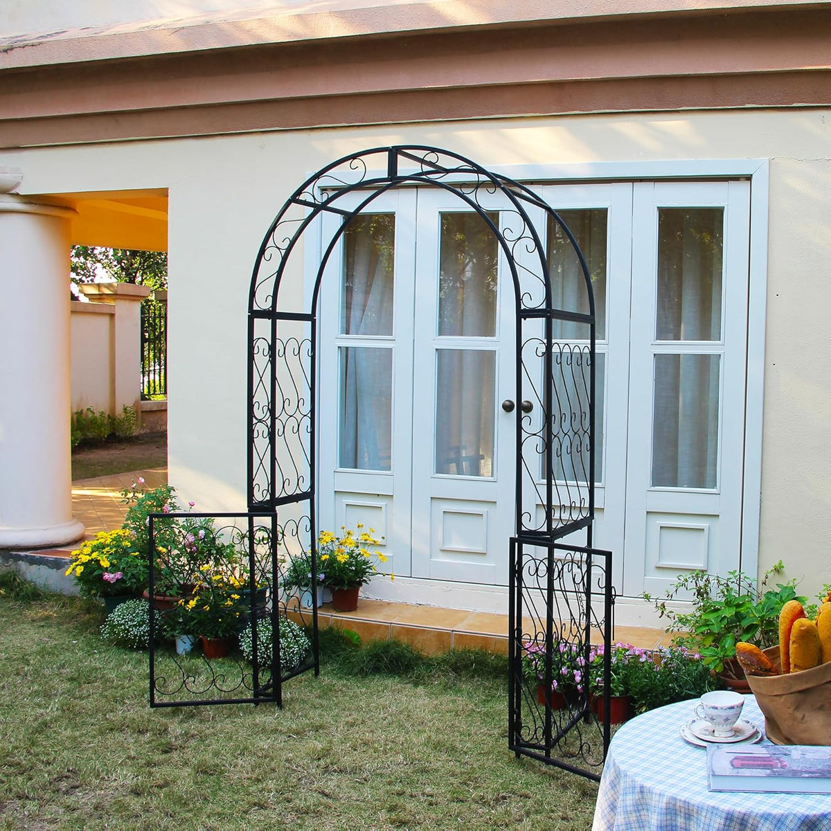 SCENDOR Heavy-Duty Arbor with Gate 48.8" W x 83.5" H, Iron Arch Trellis Arbor Archway for Climbing