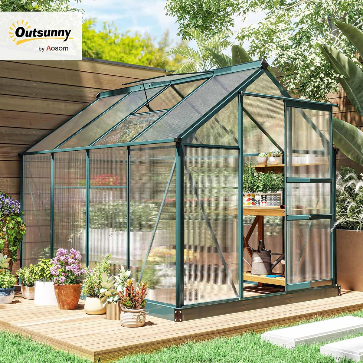 Outsunny 6' x 8' Greenhouse for Outdoors, Polycarbonate Greenhouse with Rain Gutter and Roof Vent