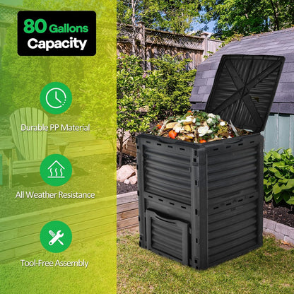 Goplus Compost Bin, 80 Gallon (300 L) Large Outdoor Composting Box w/Top Flip Latch-on Lid, Bottom