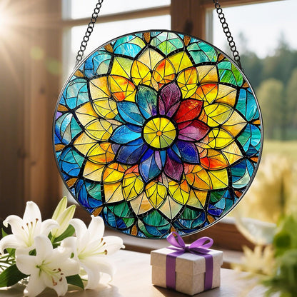 8'' Rainbow Mandala Sun Catcher Ornament, Stained Glass Window Hanging, Sun Catchers for Windows