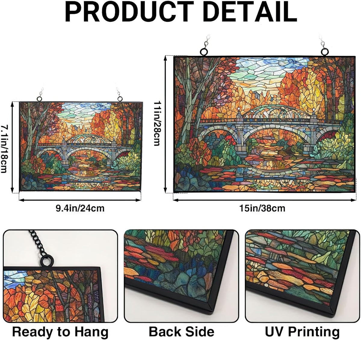 Rectangle Art Nouveau Forest Train Bridge Stained Glass Sun Catcher, Wall Hanging Colored Decor
