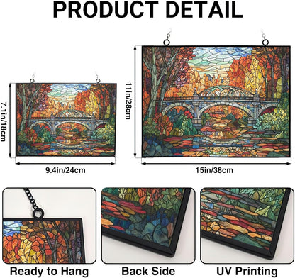 Rectangle Art Nouveau Forest Train Bridge Stained Glass Sun Catcher, Wall Hanging Colored Decor