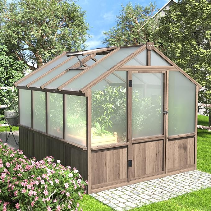 BlueWish 8x8 FT Greenhouses for Outdoors, Cedar Green House with 6MM Polycarbonate Panel