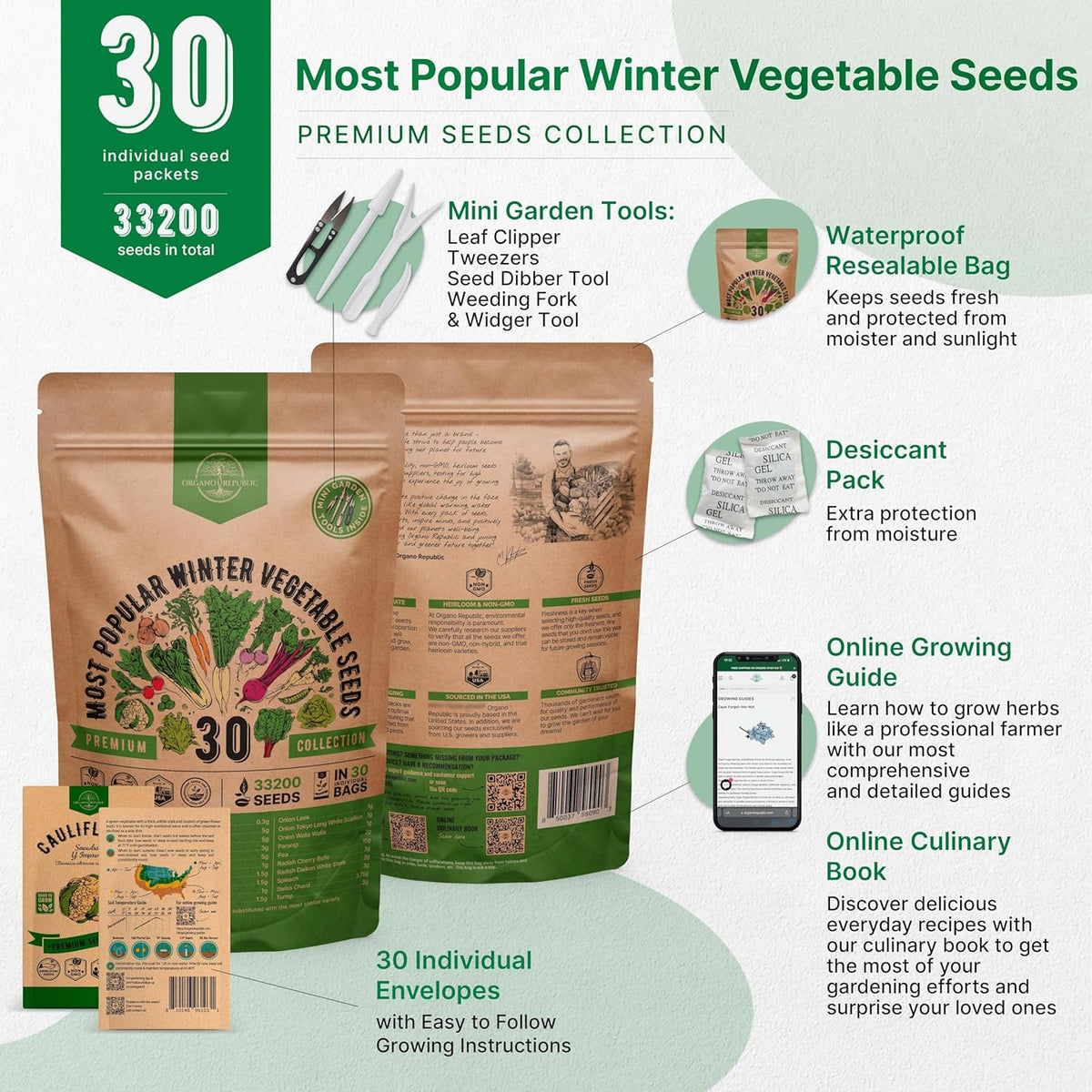 Organo Republic 30 Most Popular Winter Vegetable Garden Seeds Variety Pack- Outdoors/Indoor 33,200+