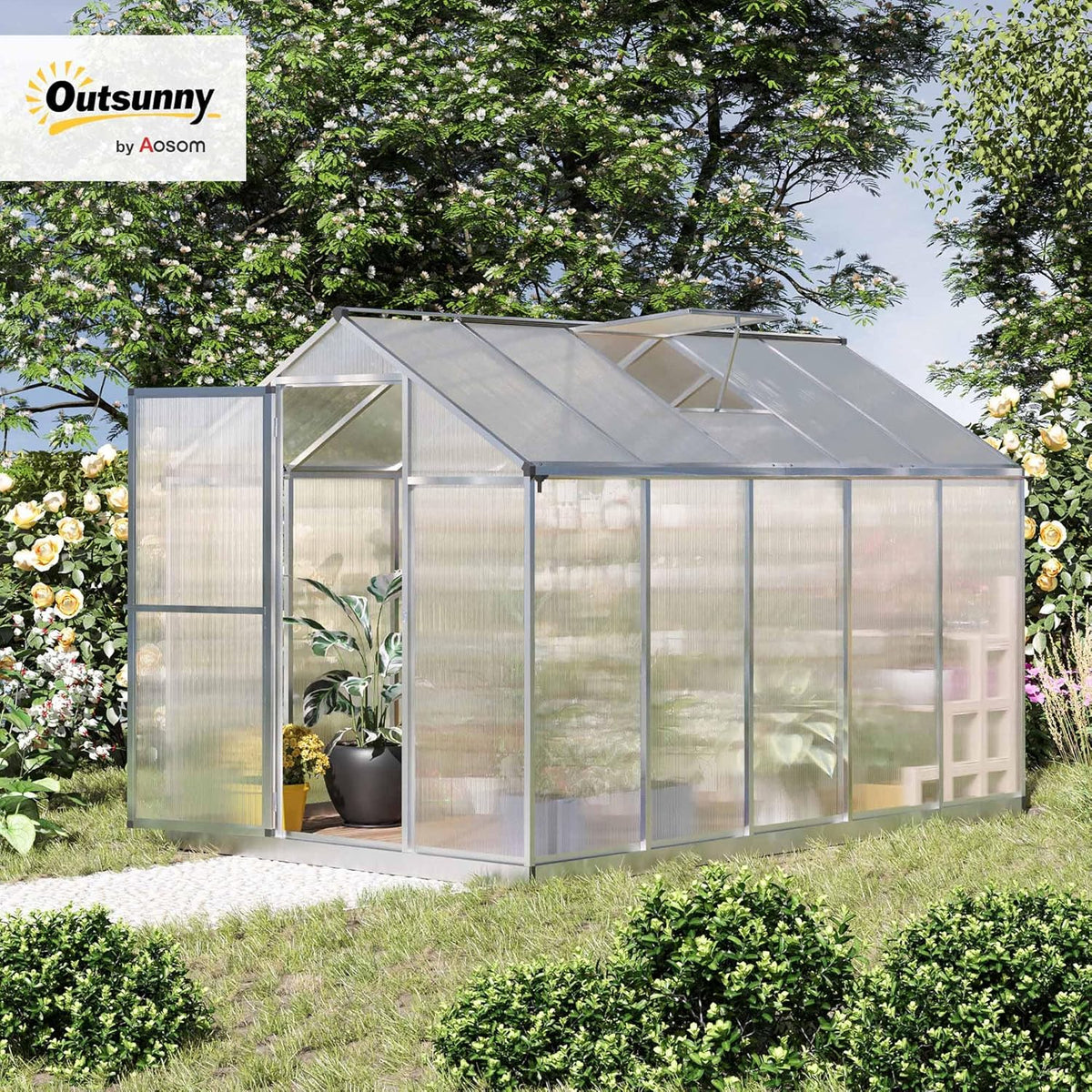 Outsunny 10' x 6' Greenhouse for Outdoors, Polycarbonate Greenhouse with Rain Gutter and Roof Vent