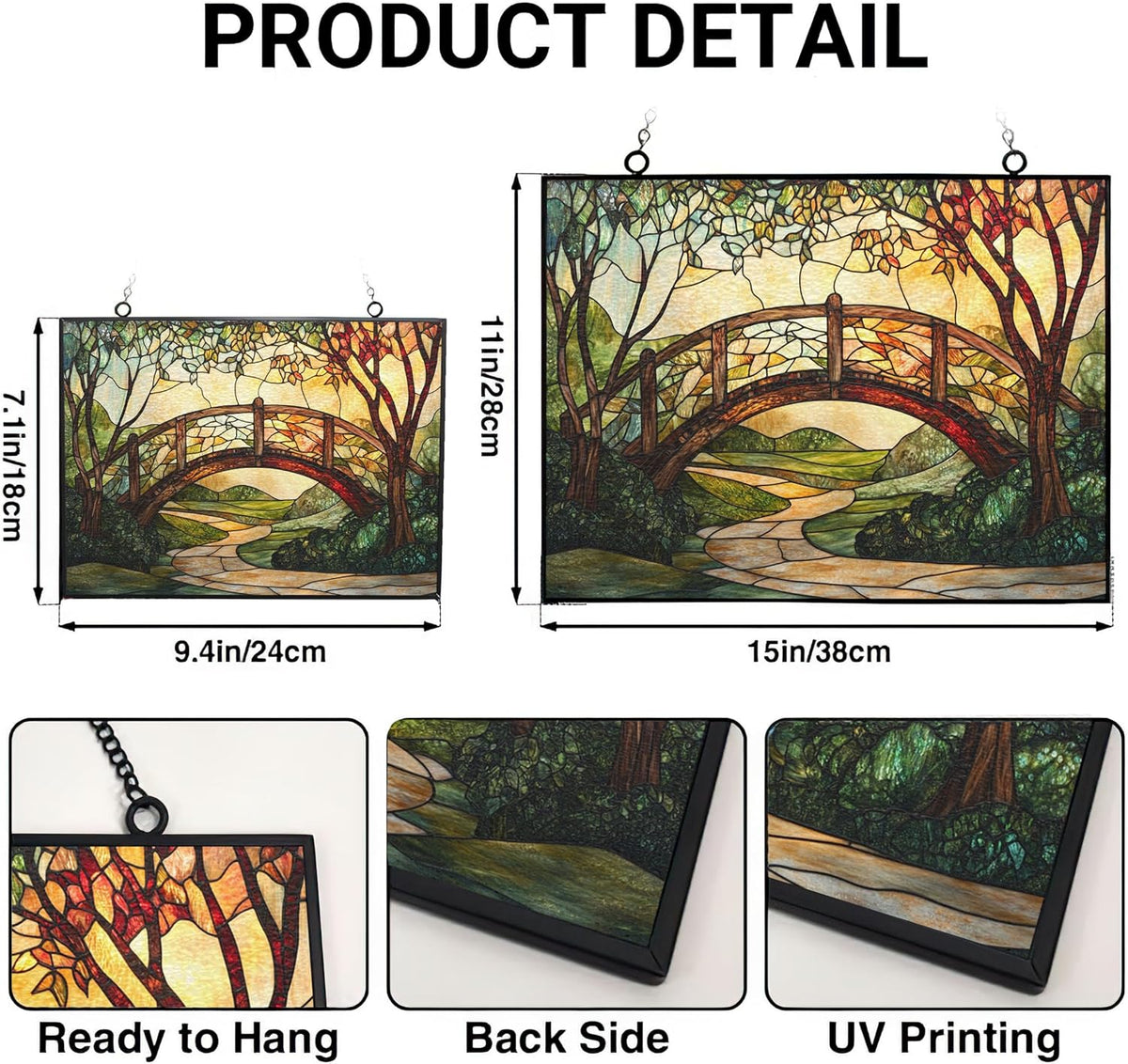 Rectangle Art Nouveau Ivy-Covered Bridge Stained Glass Window Hanging,Hummingbird Sun Catchers