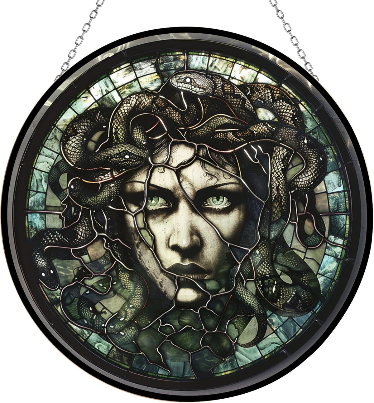 Medusa Stained Glass Window Hanging Window Suncatcher 12" Glass Panel with Metal Chain and Hooks
