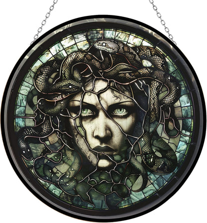 Medusa Stained Glass Window Hanging Window Suncatcher 12" Glass Panel with Metal Chain and Hooks