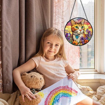 Cat Flower Suncatcher Stained Glass Window Hanging, Orange Cat Sun Catchers Indoor Window Glass