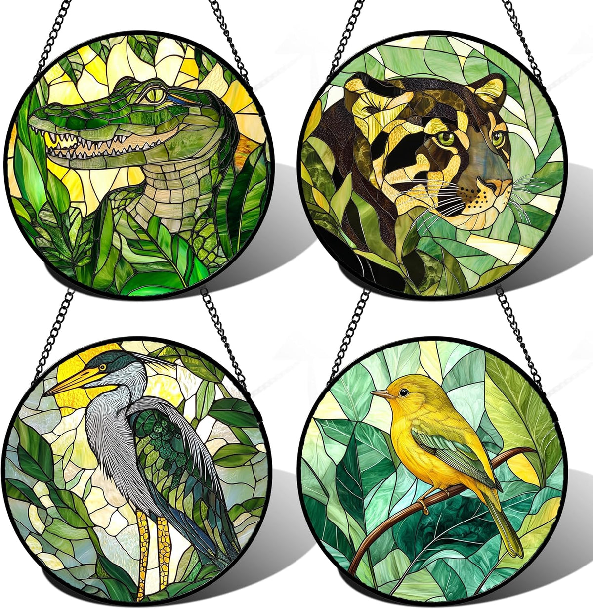 Stained Glass Window Hanging 4 Pcs Set Green Plants Animals Theme 7.8" - Bird Tiger Suncatcher Door