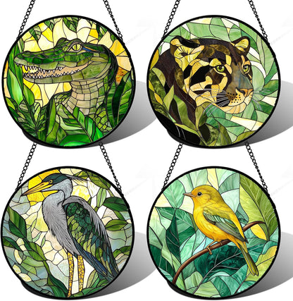 Stained Glass Window Hanging 4 Pcs Set Green Plants Animals Theme Large 15" - Bird Tiger Suncatcher