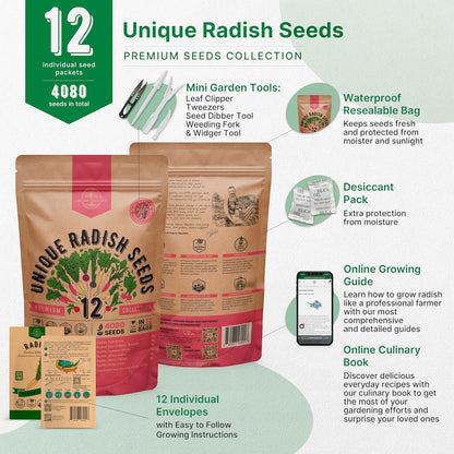 Organo Republic 12 Radish Seeds Variety Pack for Indoor & Outdoors 2400+ Heirloom Non-GMO Radish