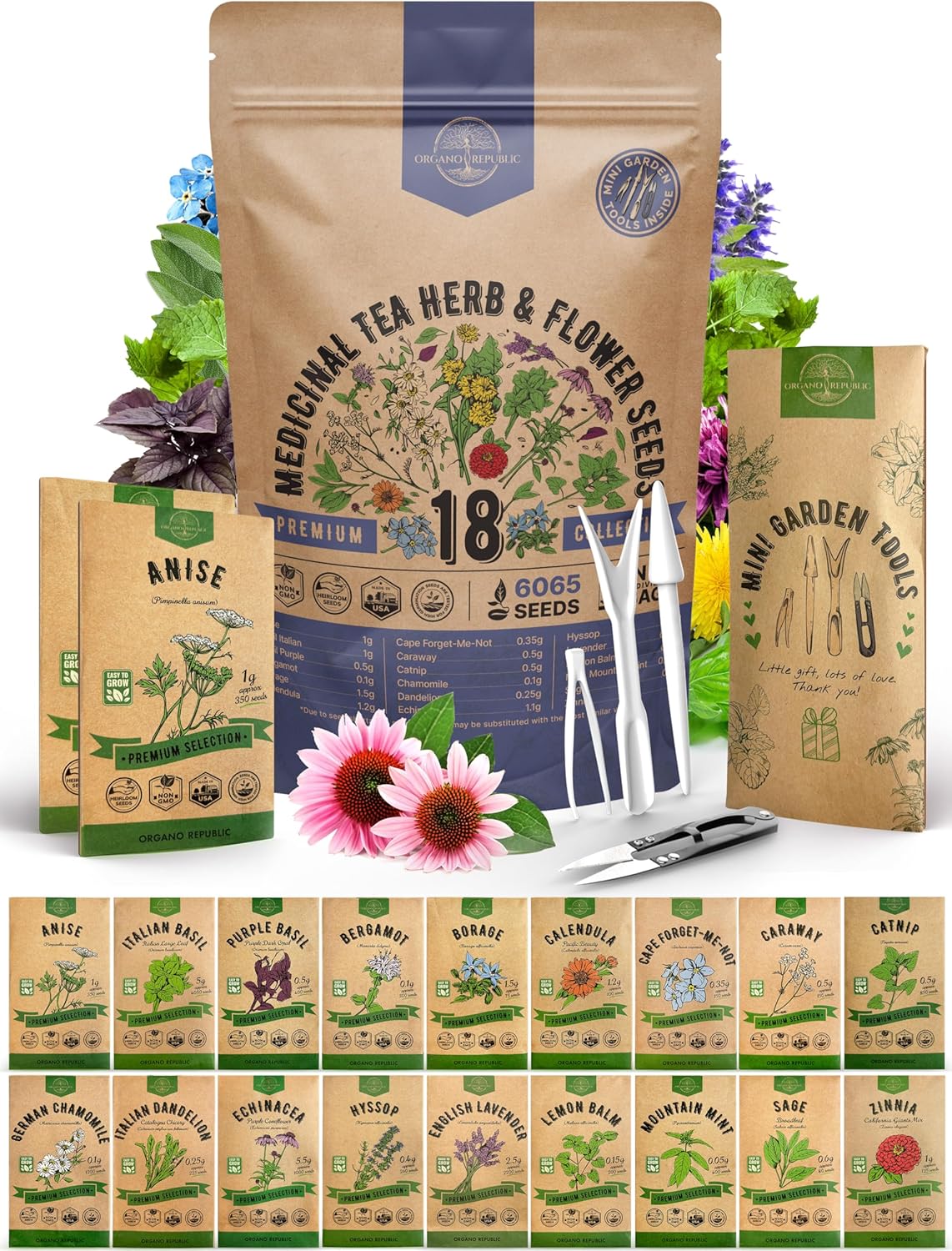 18 Medicinal Tea Herb & Flower Seeds Variety Pack - 6,100+ Non-GMO Heirloom Flower Seeds for
