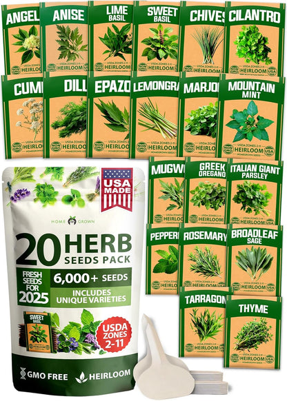 HOME GROWN Premium HERB Seeds Variety Pack - 20 Heirloom Herb Seeds for Planting - 6,000+ Non-GMO