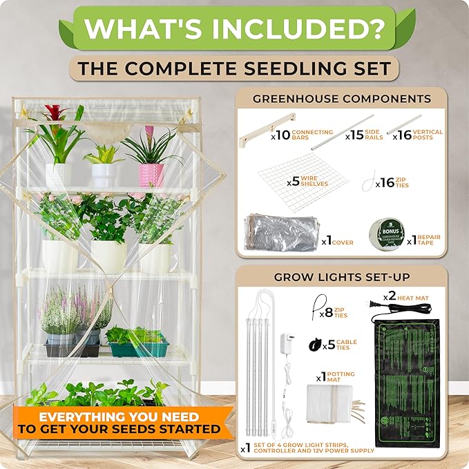 Carpathen Indoor Greenhouse with Grow Lights - 4 Tiers 27.2"L x 19.3"W x 54"H with 2 Dimmable 15W