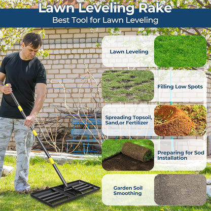 Extra Wide 30" Leveling Rake for Lawn Care - 60in Extendable Stainless Steel Handle with Ergonomic