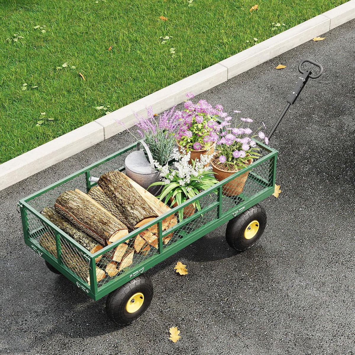 900 LBS Garden Cart on Wheels with Adjustable Handles, Heavy Duty Steel Garden Wagon with Removable
