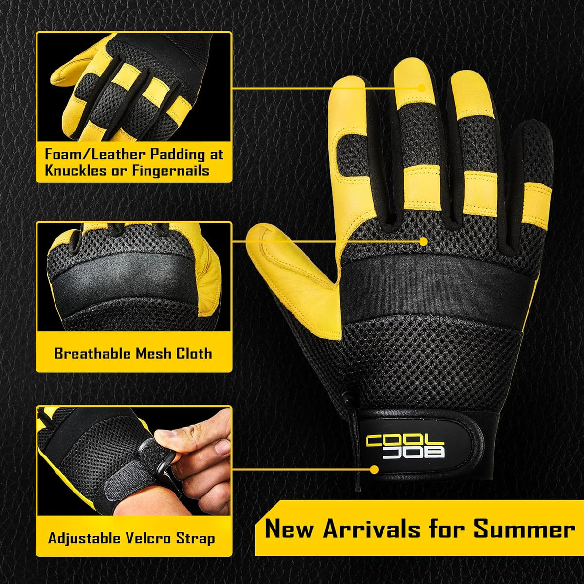 COOLJOB Breathable Mesh Cowhide Leather Work Gloves with Grip, Thorn Resistant Gloves for Gardening