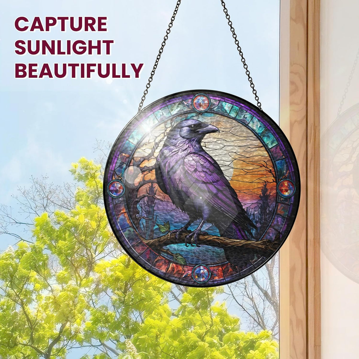 FLAGWIX Halloween Decorations Indoor Outdoor - The Crow Raven Stained Glass Window Hanging 8in
