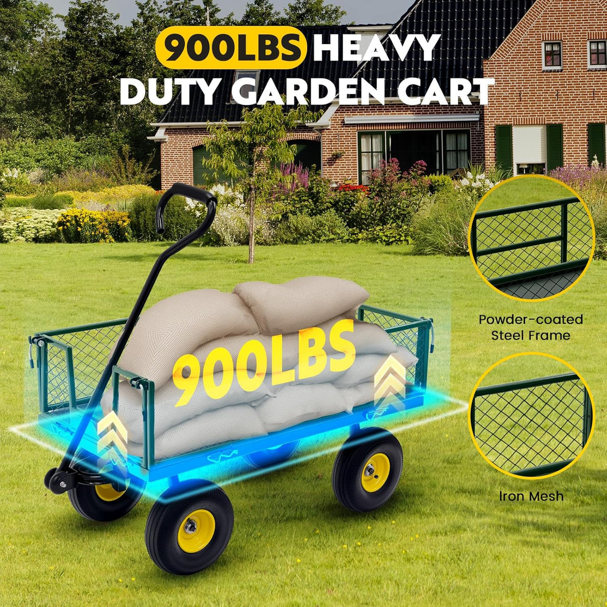 Steel Garden Cart, 2-in-1 Heavy Duty Utility Wagon 900 LBS Capacity Carts with Removable Mesh Sides