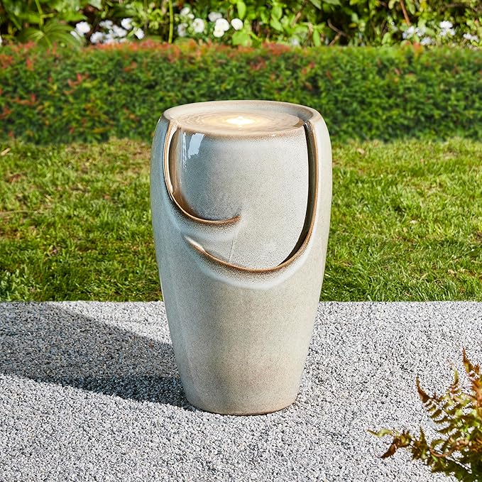 Glitzhome 21.25" H Ceramic Vase Outdoor Water Fountain Tall Patio Garden Water Fountain with LED