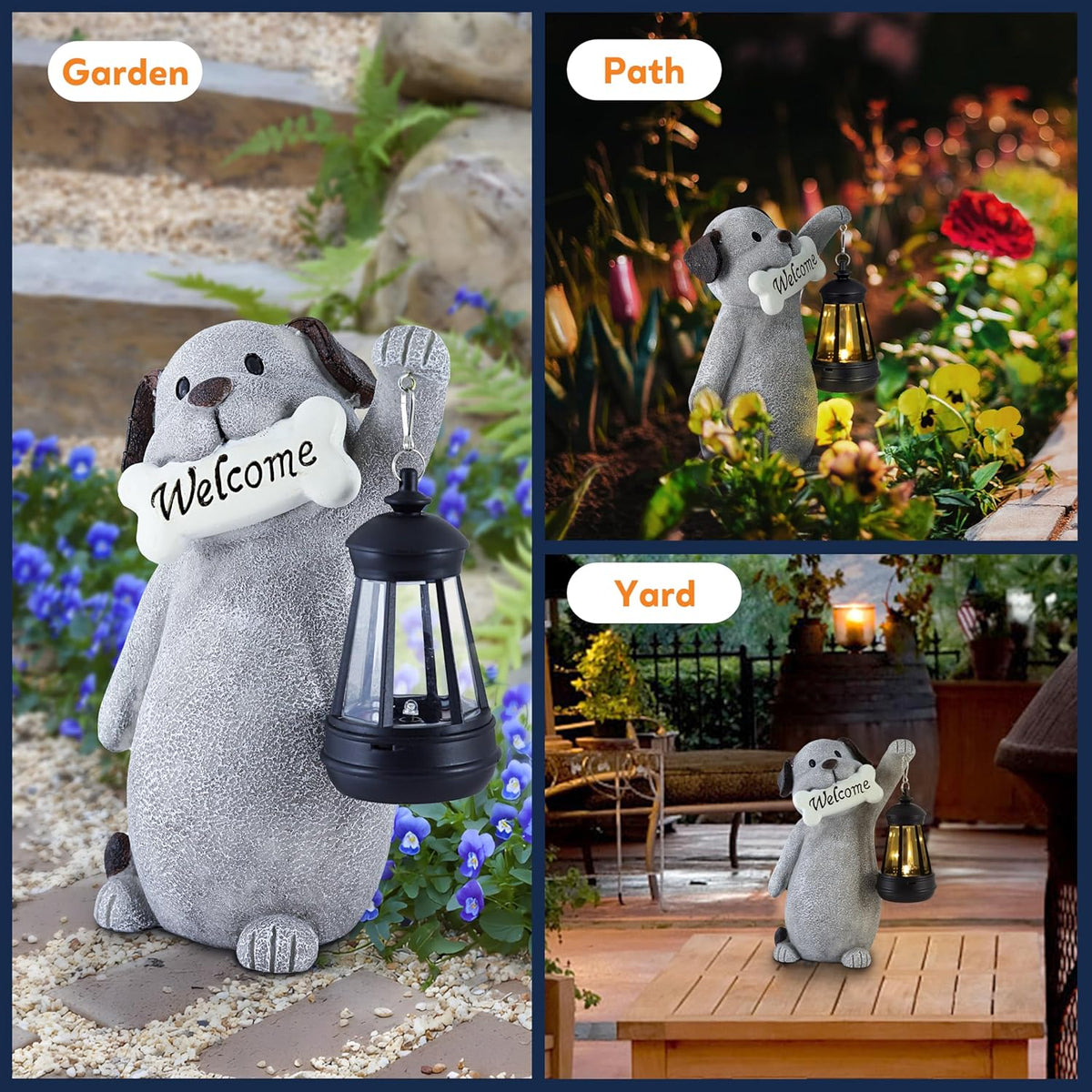 Solar Dog Garden Statue with Lantern Light – 9.2in Outdoor Dog Figurine for Yard Patio Garden