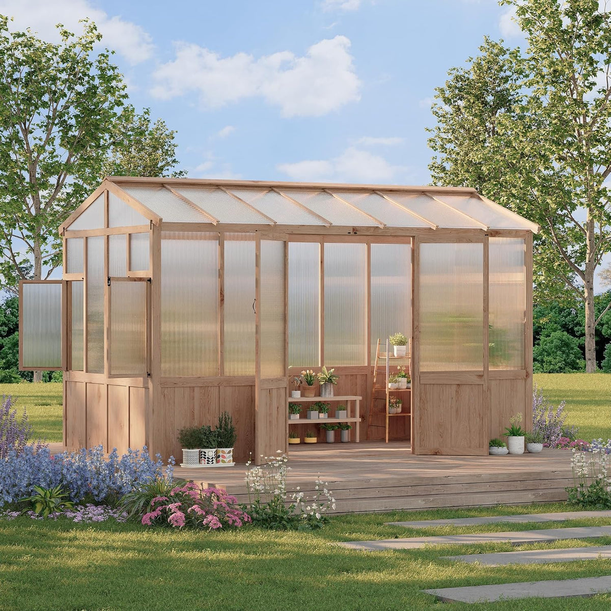 8X12 FT Heavy Duty Wooden Greenhouse for Outdoor - Walk-in Green House Kit with 6mm Polycarbonate