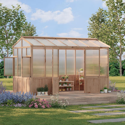 8X12 FT Heavy Duty Wooden Greenhouse for Outdoor - Walk-in Green House Kit with 6mm Polycarbonate