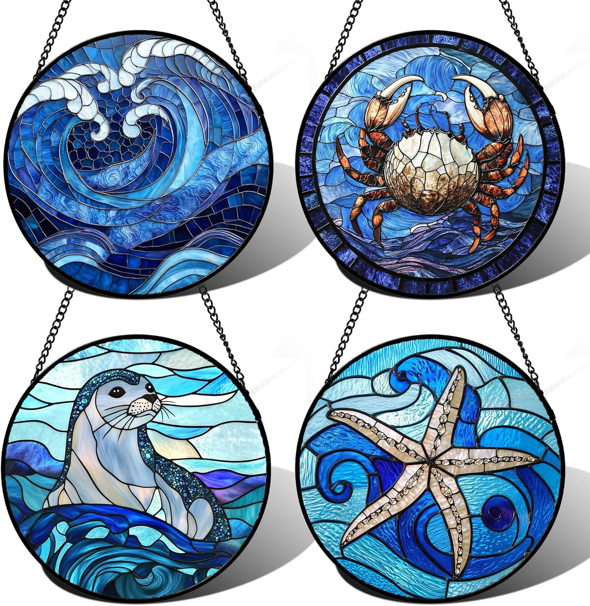 Stained Glass Window Hanging 4 Pcs Set Blue Ocean Waves Large 11.8" - Starfish Crab Seal Suncatcher
