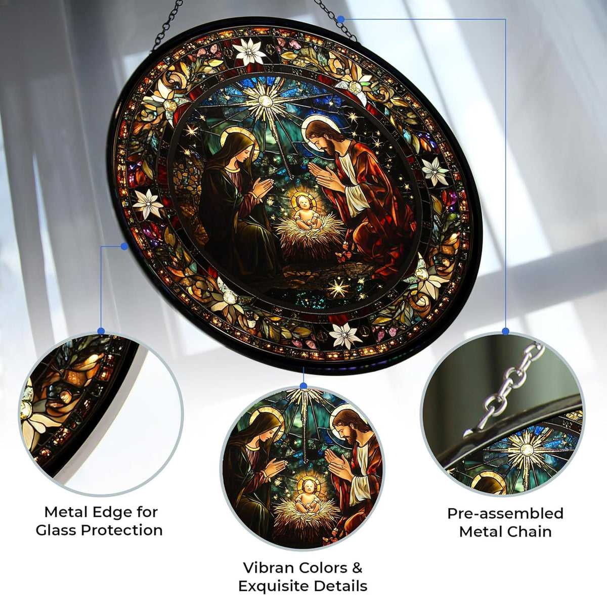 Serene Nativity Mary, Joseph Stained Glass Window Hangings, Handcrafted Stained Glass Suncatchers
