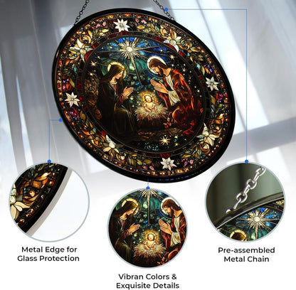 Serene Nativity Mary, Joseph Stained Glass Suncatcher Window Hanging, Gothic Christmas Ornaments