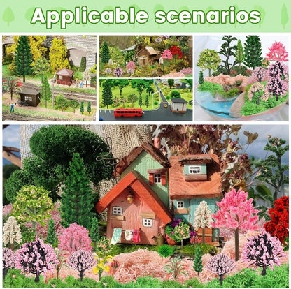 36 Pcs Mixed Model Trees with 40g Moss Pink and Green, Diorama Trees Grass Mini Fake Miniature