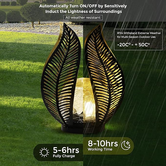 Solar Garden Lights Waterproof Decorations,Crackle Globe Glass,Metal Palm Leaf Solar Lights for