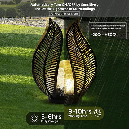 Solar Garden Lights Waterproof Decorations,Crackle Globe Glass,Metal Palm Leaf Solar Lights for