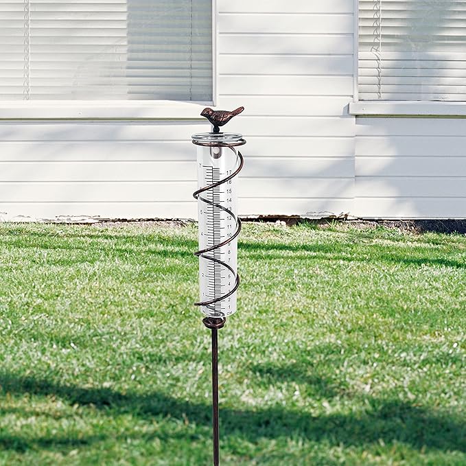 JOYBee 7inch Capacity Glass Spiral Rain Gauge,Cast Iron Bird Hanging Rain Gauge,Garden Rain Water