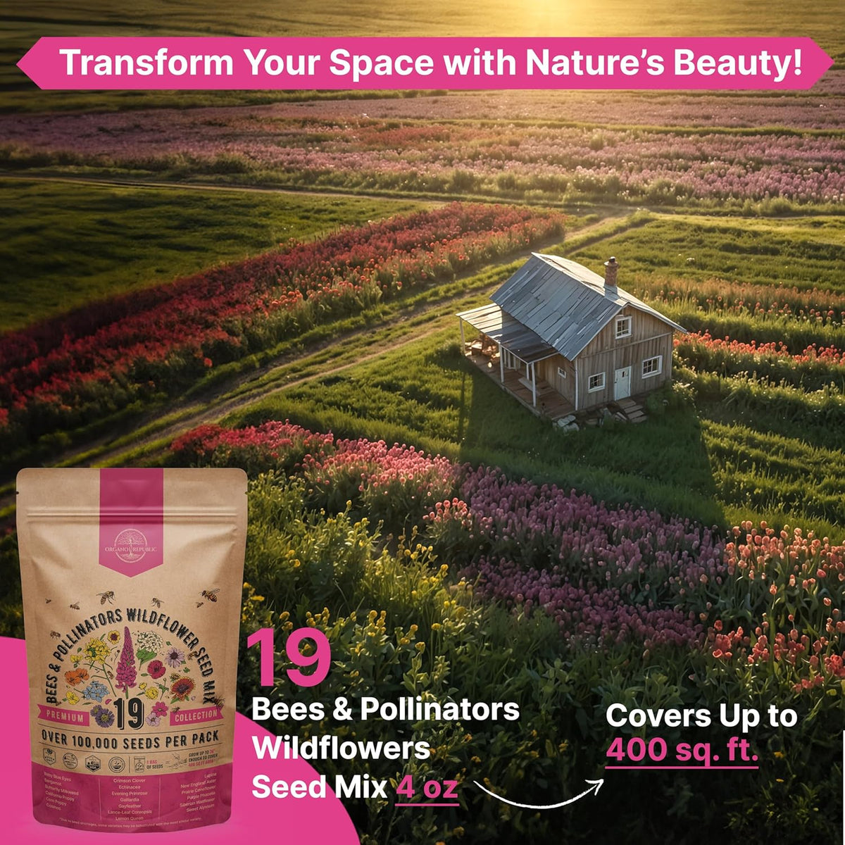 Organo Republic 19 Annual & Perennial Wildflower Seeds Mix for Indoor and Outdoors, Attract Bees &
