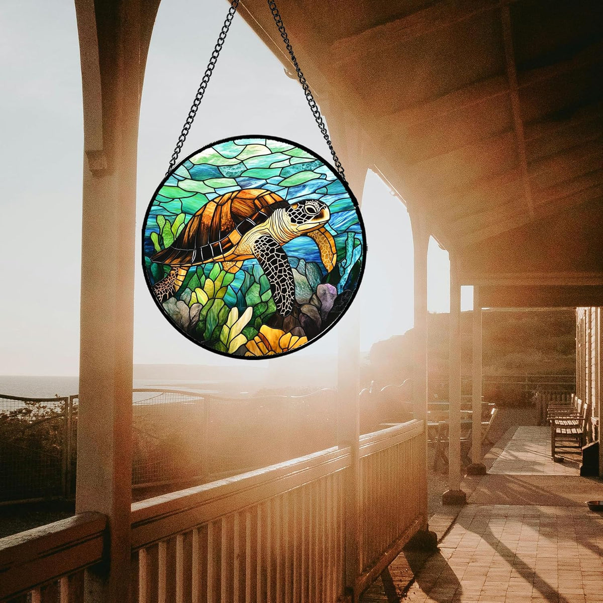 Stained Glass Window Hanging - Cute Sea Turtle Suncatcher for Door Garden Yard Blue Ocean Sun