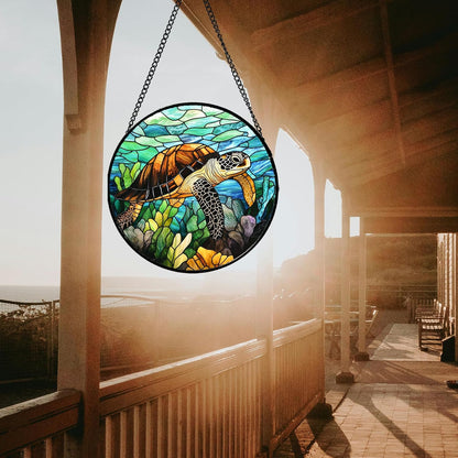 Stained Glass Window Hanging - Cute Sea Turtle Suncatcher for Door Garden Yard Blue Ocean Sun